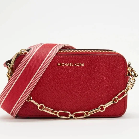 🥳SOLD🥳Michael Kors Women's Red Jet Set Small Pebbled Leather Double Zip Camera - Picture 2 of 13